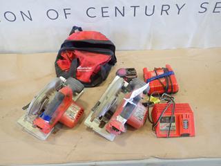 (2) Milwaukee V28 6.5 In. Circular Saws, (2) Battery Chargers and (1) 14.4 V Battery (E1)