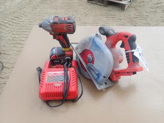 Milwaukee V28 6 7/8 In. Cordless Metal Cutting Circular Saw and Milwaukee M18 Impact Driver, M28 Battery Charger and 18 V Battery (B2)
