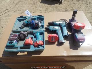 Makita 3/8 In. Drive Cordless Dill, Model 6095D, (1) Makita 6390D 13mm Drive Cordless Drill, (1) 6228D 10mm Drive Cordless Drive, (5) 18 V Batteries, (1) 9.6 V Battery and (3) Chargers (B2)