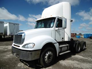 2007 Freightliner Columbia Day Cab Truck Tractor c/w Detroit Series 60, Eaton Fuller 13 Spd,  Inter Axle Differential, Fifth Wheel Slide, Traction Control Front and Rear Differentials, Air Suspension, Power Driver's Seat, A/C, 2 x 20,000 Lb (9072 Kg) Axles, 11R22.5 Tires. Showing 1,030,100 Kms, 11067 Hours, VIN 1FUJA6CKX7PX57483.