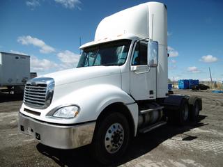 2007 Freightliner Columbia Day Cab Truck Tractor c/w Detroit Series 60, Eaton Fuller 13 Spd, Inter Axle Differential, Fifth Wheel slide, Traction Control Front and Rear Differentials, Air Suspension, Power Driver's Seat, A/C, 2 x 20,000 Lb (9072 Kg) Axles, 11R22.5 Tires. Showing 853,915 Kms, VIN 1FUJA6CK17PX57484