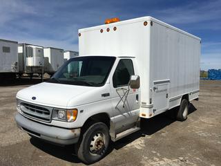 1999 Ford E450 Econoline Cube Van c/w 6.8L V10 Gas, Auto, Rear Swing Doors, Left & Right Exterior Storage Compartments, Interior Sliding Cab  to Box Sliding Door, Work Bench, Shelves, Showing 114,640 Kms, VIN 1FDXE40S0XHC06774