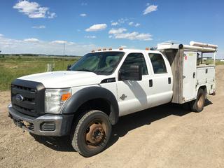 2012 Ford F450 Super Duty Crew Cab 4x4 Service Truck c/w 6.7L V8 Turbo Diesel, Auto A/C, 6,500 LB Front Axle, 12,000 LB Rear Axles, 9 Exterior Storage Compartments, Front & Rear Fuel Tanks, Showing 183,747 Kms, VIN 1FD0W4HT4CEC23276. Out of Province B.C. Registered. 