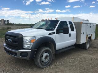 2011 Ford F450 Super Duty Extended Cab Service Truck c/w 6.7L Turbo Diesel, Auto, A/C, 7,000 LB Front Axle, 12,000 LB Rear Axles, 7 Exterior Storage Box Compartments, Rear & Front Fuel Tank, Passenger Side Box Roof Rack, Showing 203,027 Kms, VIN 1FD0X4GTXBEC04583