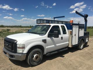 2010 Ford F350 Super Duty Extended Cab Service Truck c/w 6.4L V8 turbo Diesel, Auto, 5250 LB Front Axles, 9750 Rear Axles, Front & Rear Fuel Tanks, 5 Exterior Storage Compartments, Rear Crane Hoist, Beacon Lights, Showing 191,348 Kms, VIN 1FDWX3GR0AEB22384