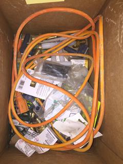 Box of Various Sizes of Garden Hose Ends & Assorted 1/2" Hose Bars.