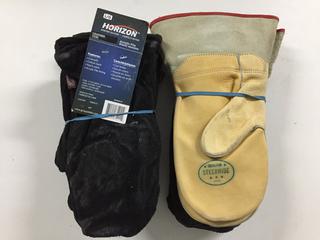(2) Pair Black Lined Work Mitts (LG)  & (2) Pair of Men's Lined & Unlined Leather Mitts.