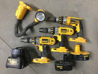 Bin of DeWalt Cordless Drills, Rechargeable Light, (3) 18V Batteries & Charger.
