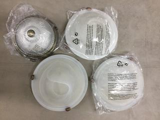 (3) Flush Mount Light Fixtures With Frosted Glass & (1) Flush Mount With Dome Shaped Shade & Finial Top.