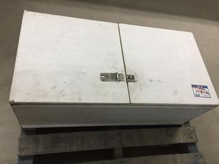 Cabinet With Campbell Dual Action Air Sander, Makita Sander/Polisher, Gloves, Sandpaper, Etc.