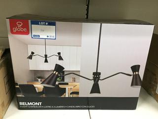 Belmont Three Light Chandelier - Black w/ Gold Accents, 35"W x 59.5"H.