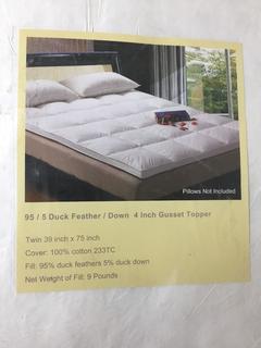Twin 39" x 75", 95/5 Duck Feather Down, 4" Gusset Topper, Net Weight of Fill: 9 Lbs.