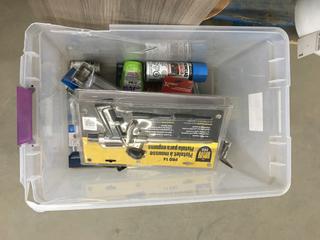 (2) Closet Maid 48" Top Shelves - (1) White, (1) Natural Grey - 48.22" L x 13.78" W x 63" H. Bin of Misc. Household Items c/o Towel Bar, Thermometers, Wood Stain, Foam Gun, Etc.