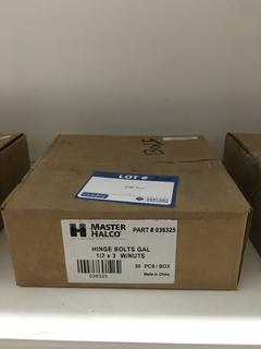 Box of Hinge Bolts Galvanized 1/2"x3" w/Nuts. Approx. 50 Pcs. Per Box.