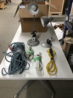 Assorted Lamps, Rope, Extension Cord & Power Bars.
