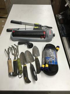 Outdoor Gardening Hand Tools, Oscillating Sprinkler & (3) Flat Soaker Hoses.