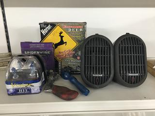 (2) Honeywell Electric Heaters, Deer Avoidance System, (2) Hand Leather Tools, (2) Packs of Headlight Vision Bulbs & Spider Wire 14 LBS Fishing Line.