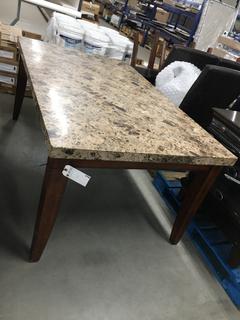 Seven Piece Faux Marble Top Dining Table w/ (6) Pleather Dining Chairs, 70" x 24" x 31".