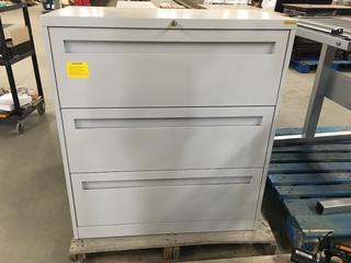 Three Drawer Filing Cabinet w/ Locking Key, 36" x 18" x 46 1/2".