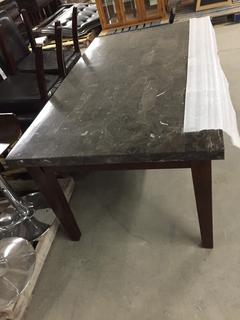Six Piece Faux Marble Top Dining Table, 64 1/2" x 38" x 30" w/ (4) Pleather Dining Chairs & (1) Pleather Bench Seat.