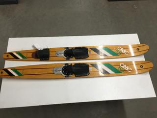 Vintage Set of OMC 55 Combi Wooden 62" Slalom Water-skis.