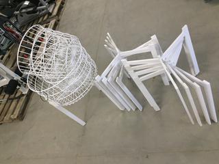 Large White Round 20"D Wire Basket w/ (3) Small White Round 15"D Wire Baskets on White Metal 20"H Stand, Total Height 30" & (8) Extra White Metal Stands.