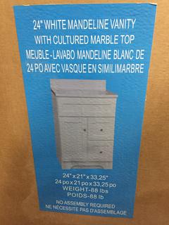 24" Mandeline Vanity, White, Cultured Marble Top - Incomplete, Damaged.