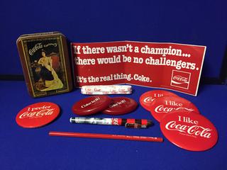 Coca-Cola Collectibles c/w Shoe Laces, Buttons, Change Purses, Bumper Sticker, Tin, Pen & Pencil.