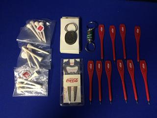 (2) Schweppes Key Chains, (1) Coca-Cola Golf Tool, & (10) Golf Pencils/Tees.