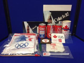 Coca-Cola Olympic Moments Collection c/w T-Shirts, Bumper Sticker, Decals, Shelf Talkers, Napkins, Cans, Etc.