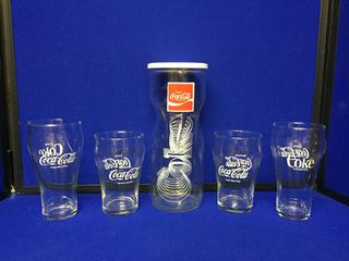 Coca-Cola Decanter & (4) Soda Bell Glasses, (1) Glass Broken.
