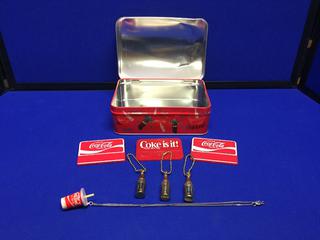Coca-Cola  6"X4" Tin Box With Assorted Items (3) Name Tags, (3) Bottle Key Chains, Cup Neckless.