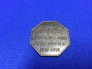 1915 Coca-Cola "Free Bottle " Metal Token.