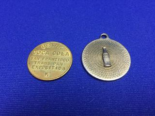 Coca-Cola San Francisco Pan Exposition 5 Cents In Trade Token & Necklace Metal Pendant.