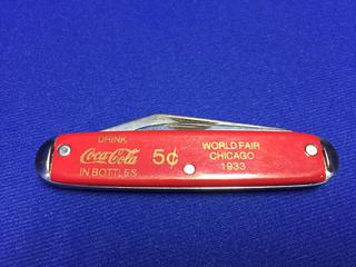 Coca-Cola 3" 2-Blade Pocket Knife 1933 Chicago Worlds Fair (Red) Made In USA.