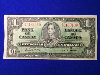 1937 Bank Of Canada One Dollar Bill. S/N: 5183439.