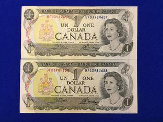 1973 One Dollar Bills - Uncirculated. Consecutive S/N: BFD 3984657, BFD 3984658.