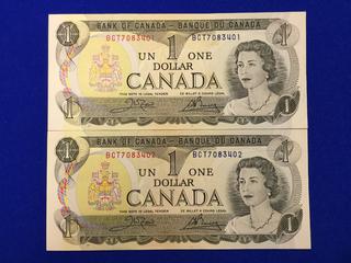 1973 One Dollar Bills - Uncirculated. Consecutive S/N: BCT 7083401, BCT 7083402.