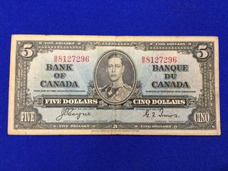 1937 Bank Of Canada Five Dollar Bill. S/N: B/S 8127296. 