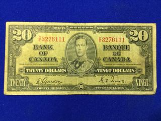 1937 Bank Of Canada Twenty Dollar Bill. S/N: C/E 3276111.