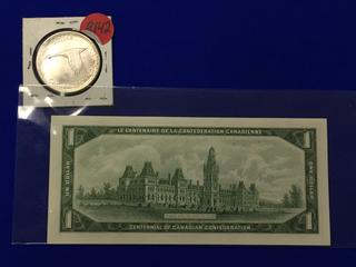 1967 Canadian Silver Dollar w/ 1967 Centennial Bill. S/N: 1867-1967.