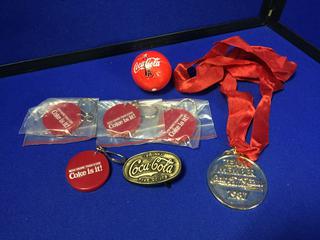 Various Coca-Cola Collectibles (4) Key Chains, Belt Buckle, 1987 Team Member Award, Antenna Ball.