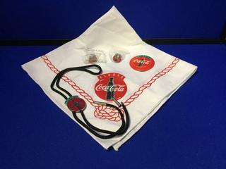 Coca-Cola "Always" Theme Table Mat, (3) Lapel Pins & Western Neck Tie.