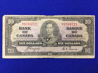 1937 Canada Ten Dollar Bank Note. S/N: K/T 8704721.