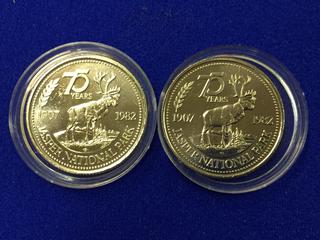 (2) 1982 Jasper National Park Silver Coins - Celebrating 75 Years.