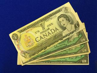 (4) Canadian One Dollar Bank Notes. S/N: O/D 7751111, V/N 9641454, Z/O 2389710, R/O 7650625.