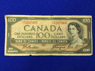 1954 Canadian One Hundred Dollar Bank Note. S/N: A/J 5287065.