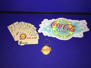 Coca -Cola "Sizzling Summer" Promo Items Large Decal, (13) Fun Cards, Key Chain.