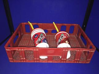 Coca-Cola Plastic Crate c/w Slurpee Cups, Lids & Straws.