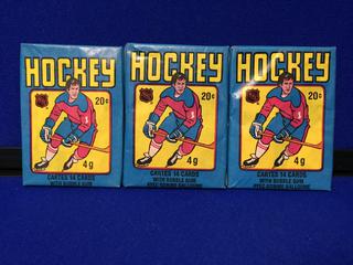 (3) 1979-1980 O-Pee-Chee Hockey Wax Packs. Wayne Gretzky Rookie Year.